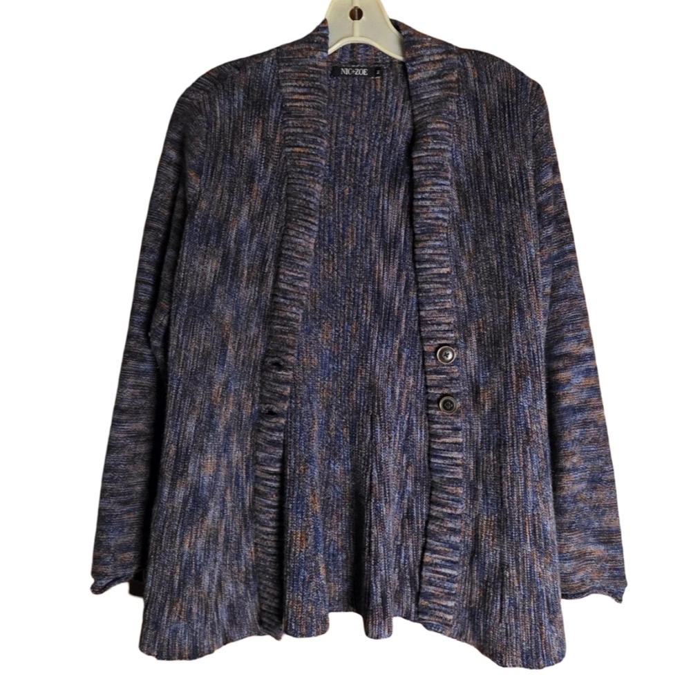 Nic + Zoe Blue Brown Marled Knit Cardigan Open Front Button Detail Size M